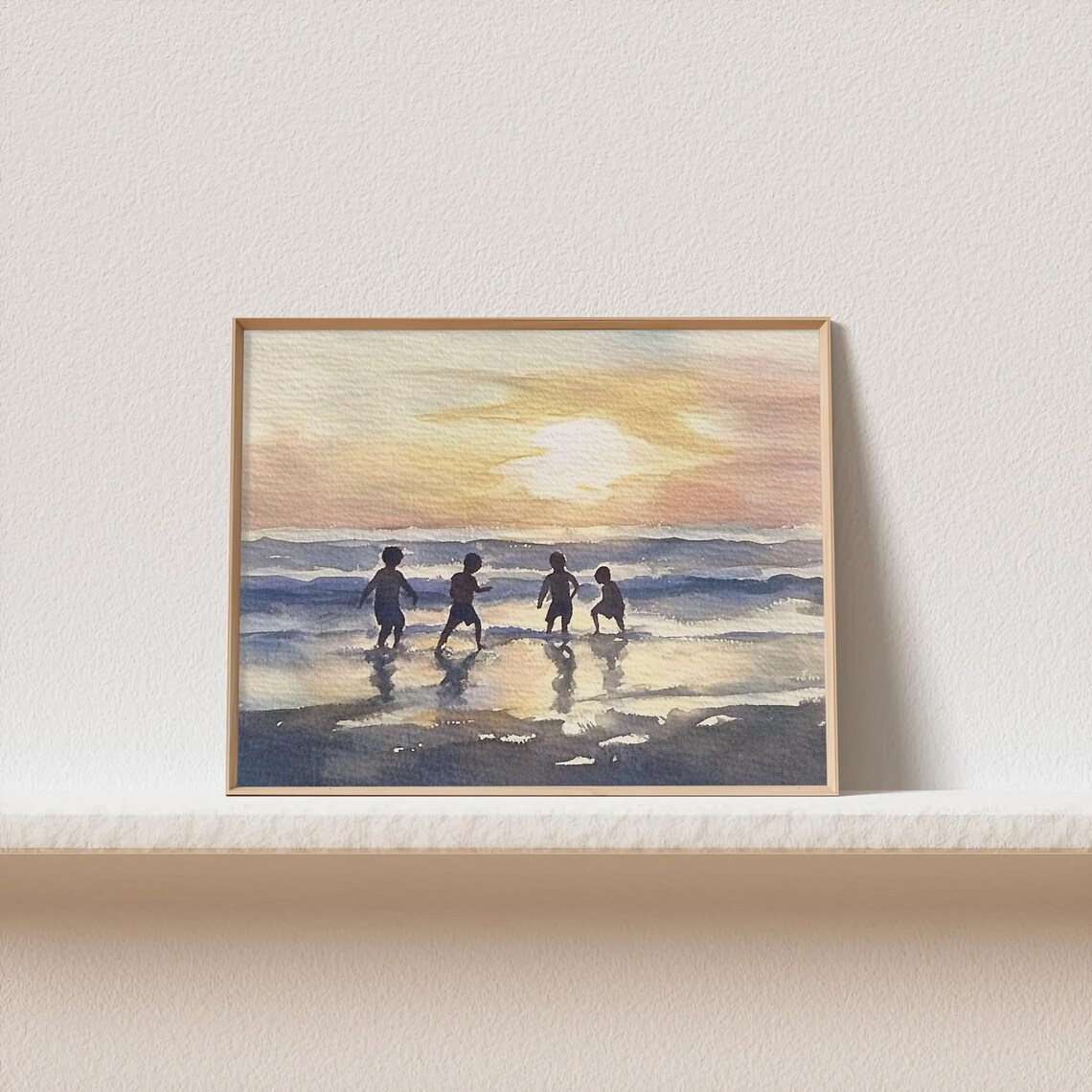 Kids Playing On Beach Watercolor Art Print - Image 2