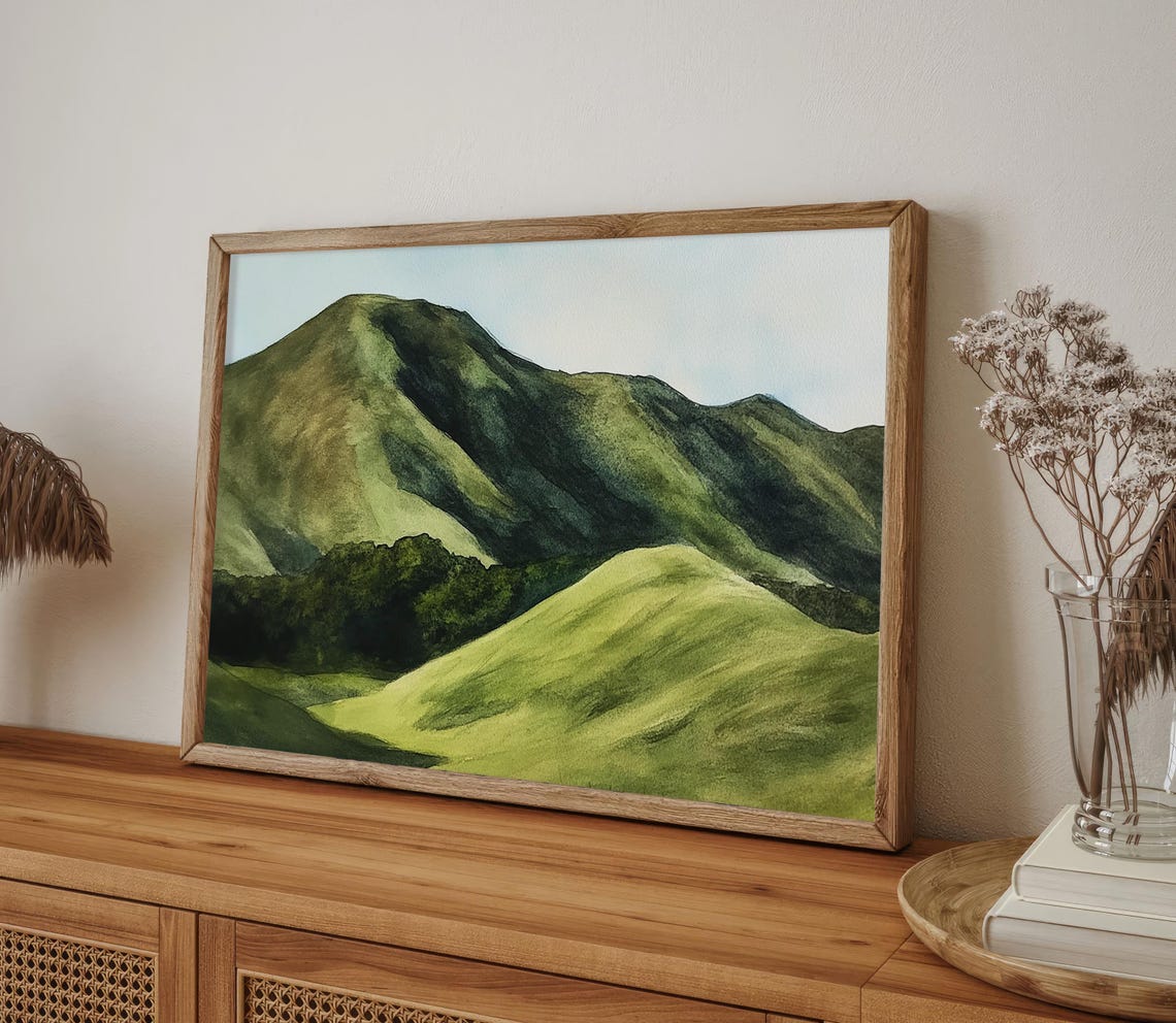 Rolling Green Hills in Soft Golden Morning Light Watercolor Poster - Image 4