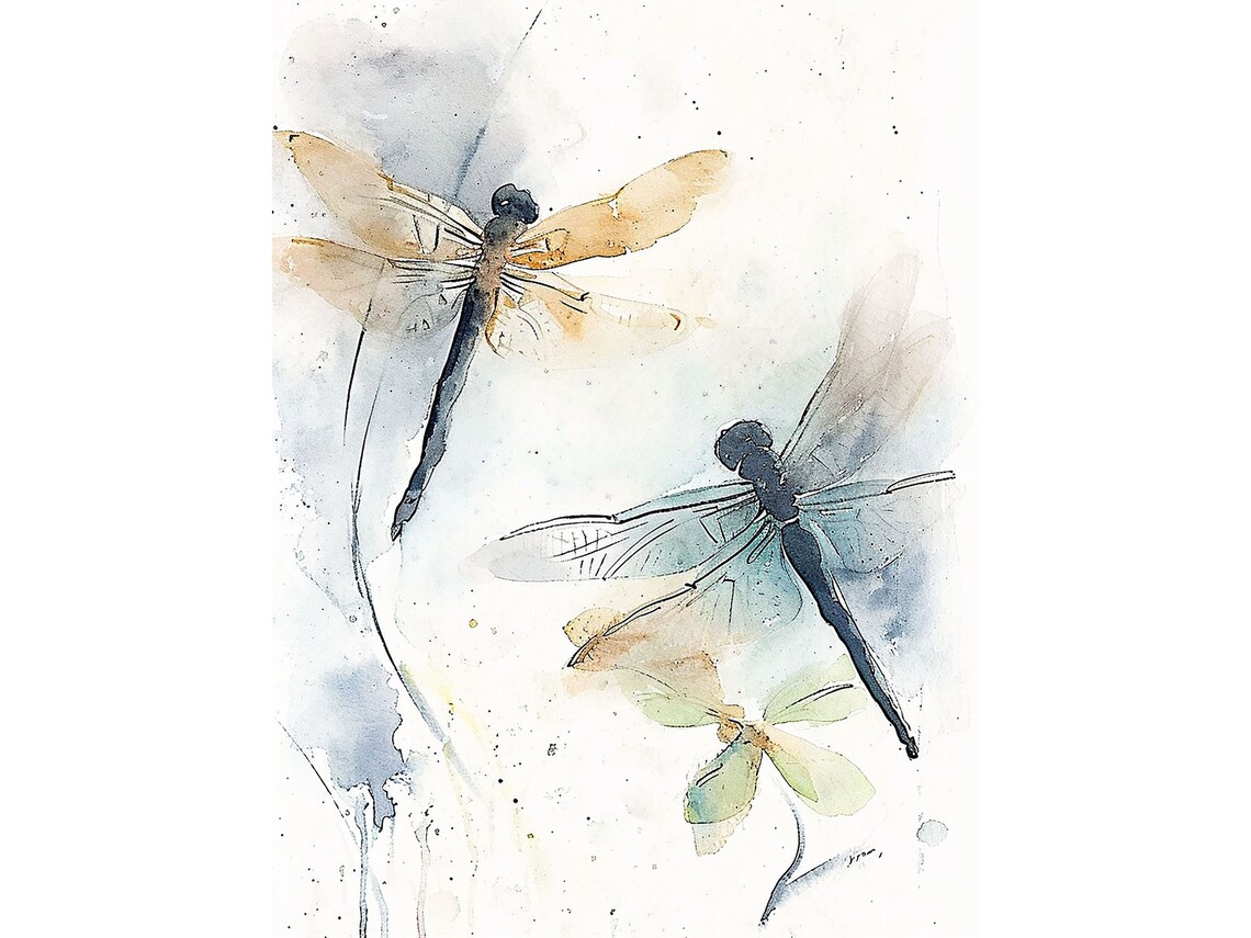Dragonfly Abstract Watercolor Art Print, Wildflowers