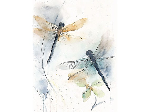 Dragonfly Abstract Watercolor Art Print, Wildflowers