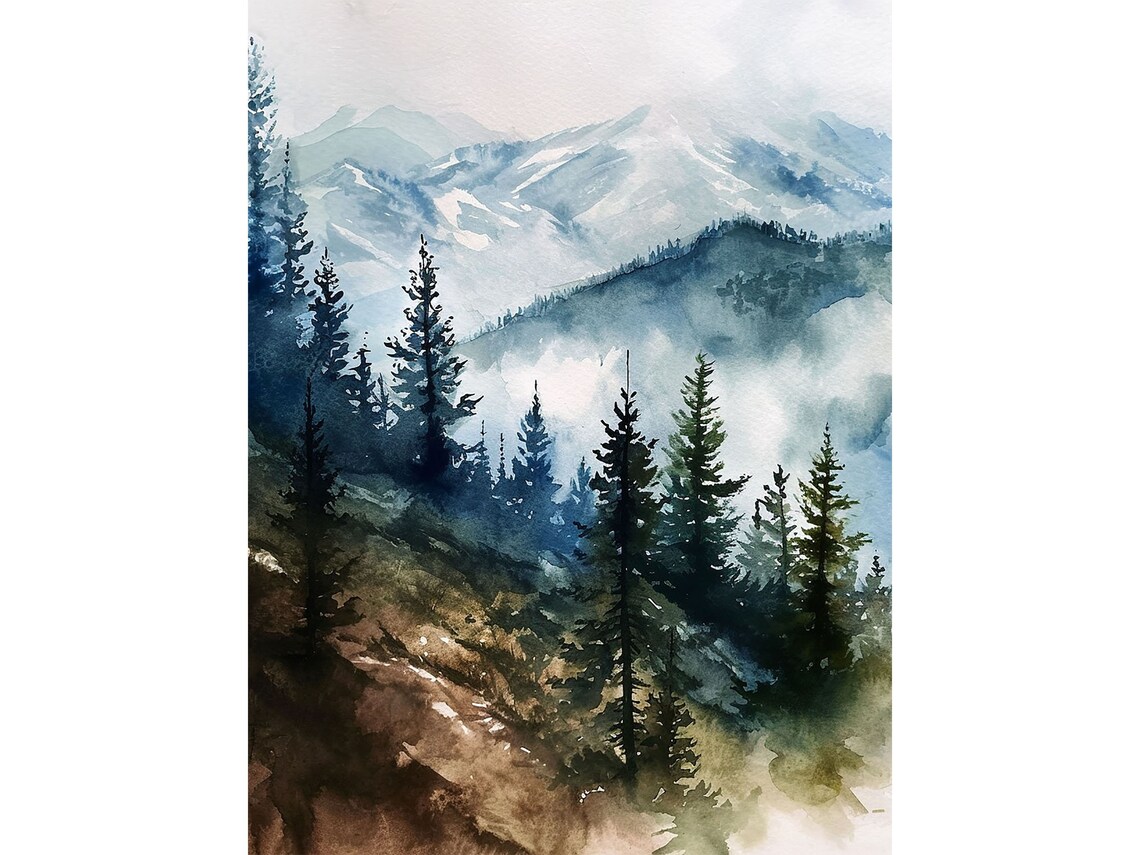 Pine Forest Blue Ridge Mountains Watercolor Art Print