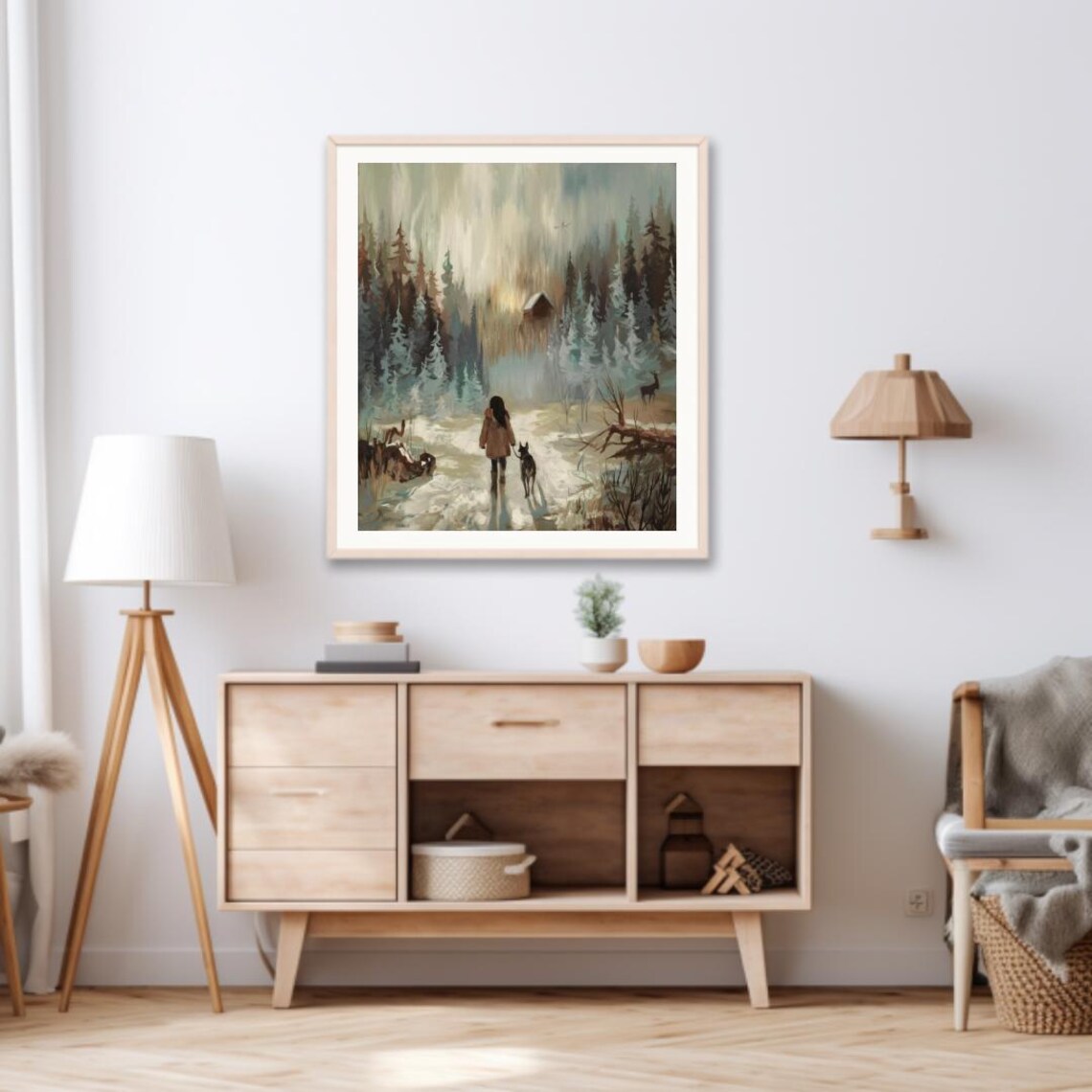 Girl Walking Dog Toward Cabin In Snowy Pine Forest Winter Art Poster - Image 3