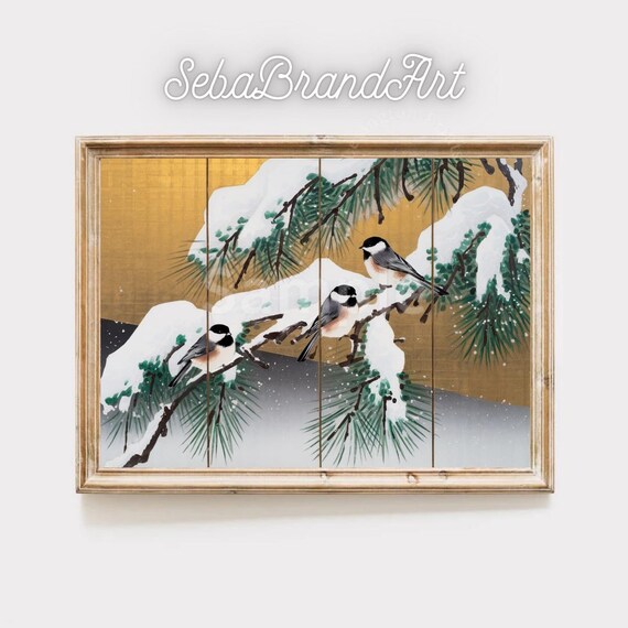 Kano Eitoku Style Golden Screen Art With Winter Chickadees And Snowy Pines Japanese Traditional Decor Instant