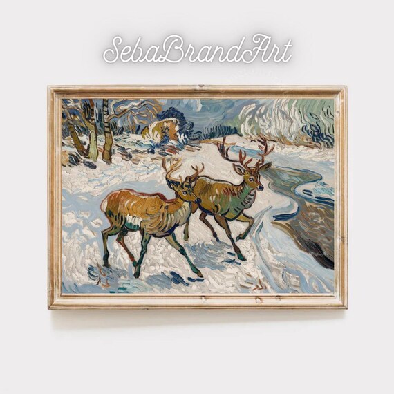 Van Gogh Inspired Deer Pair In A Snowy Forest Winter Wildlife Poster