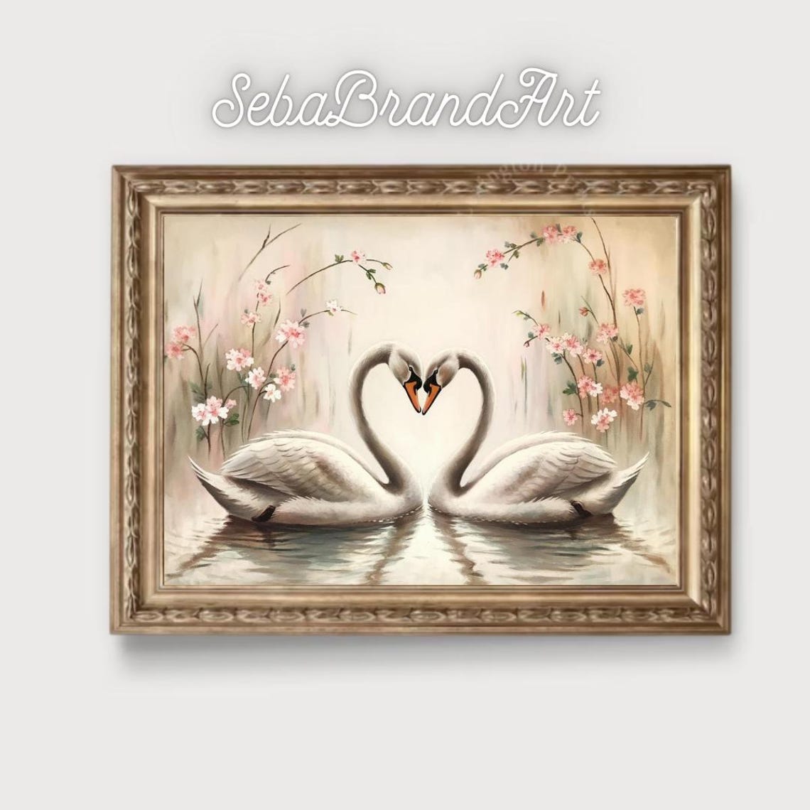 Swans Forming A Heart Under Cherry Blossoms Soft Pastel Love Poster - Image 2