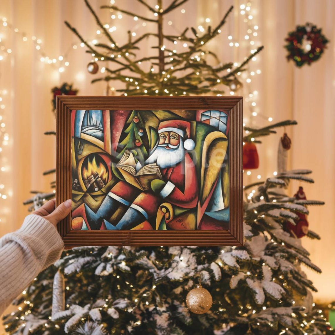 Santa Claus Reading Book By Fireplace Cubist Style Holiday Art Poster - Image 3