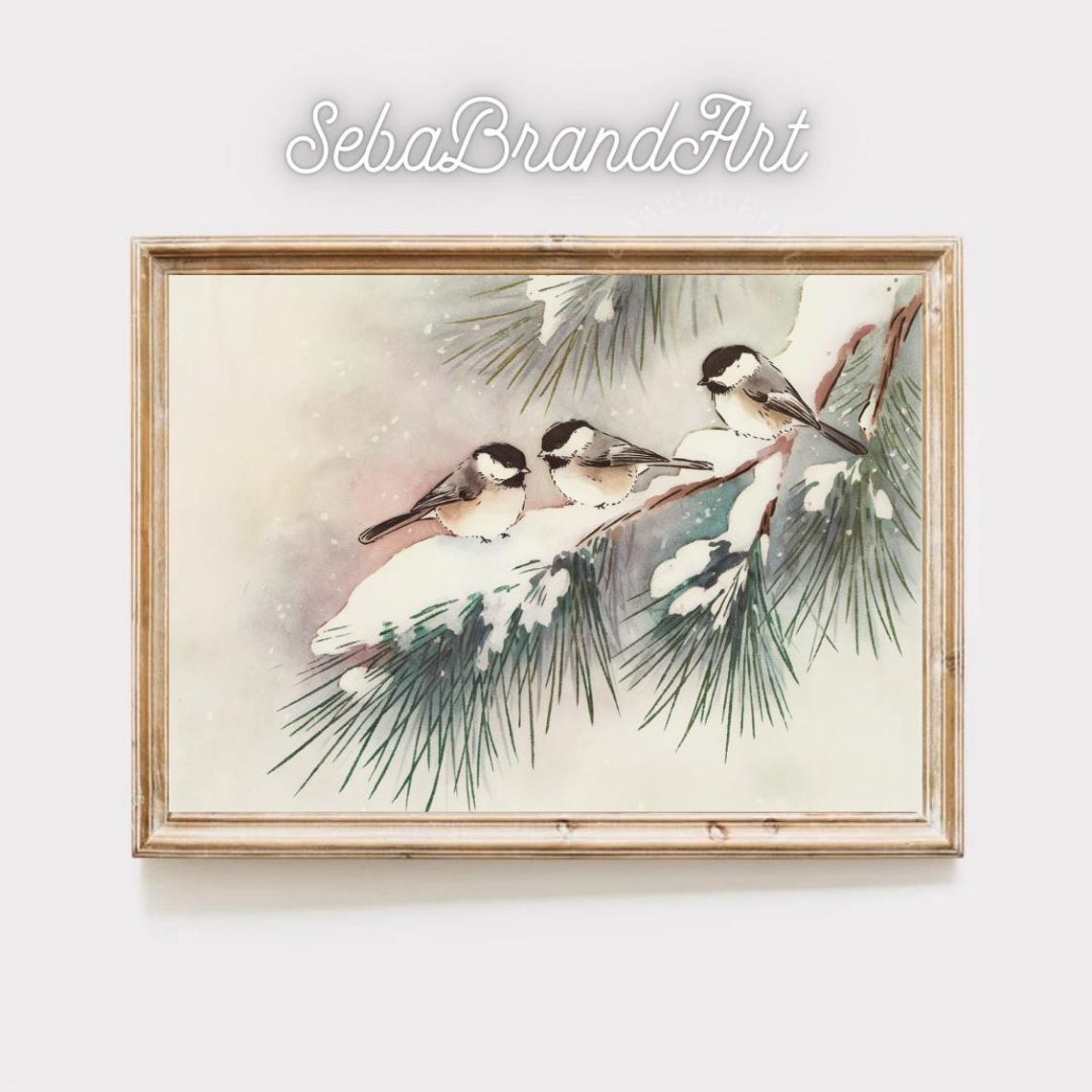 Three Chickadees On Snow Covered Pine Branch Watercolor Bird Art Print