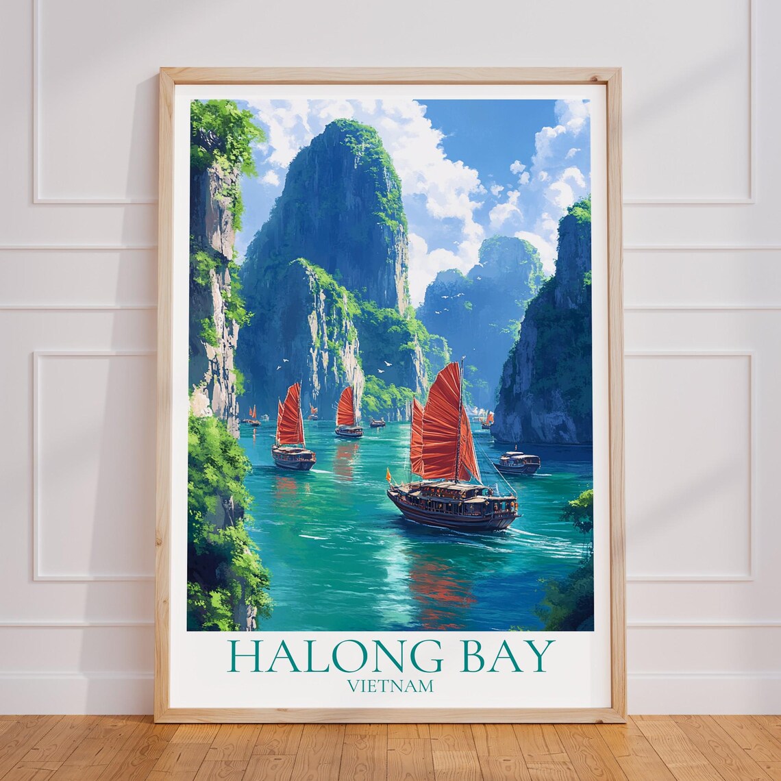 Halong Bay Vietnam Junk Boats Limestone Karsts Travel Poster