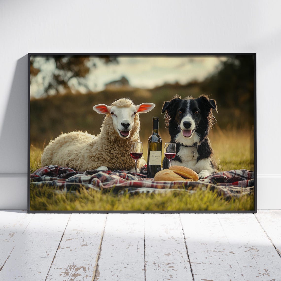 Sheep and Border Collie Picnic Wine Funny Farm Animals Poster