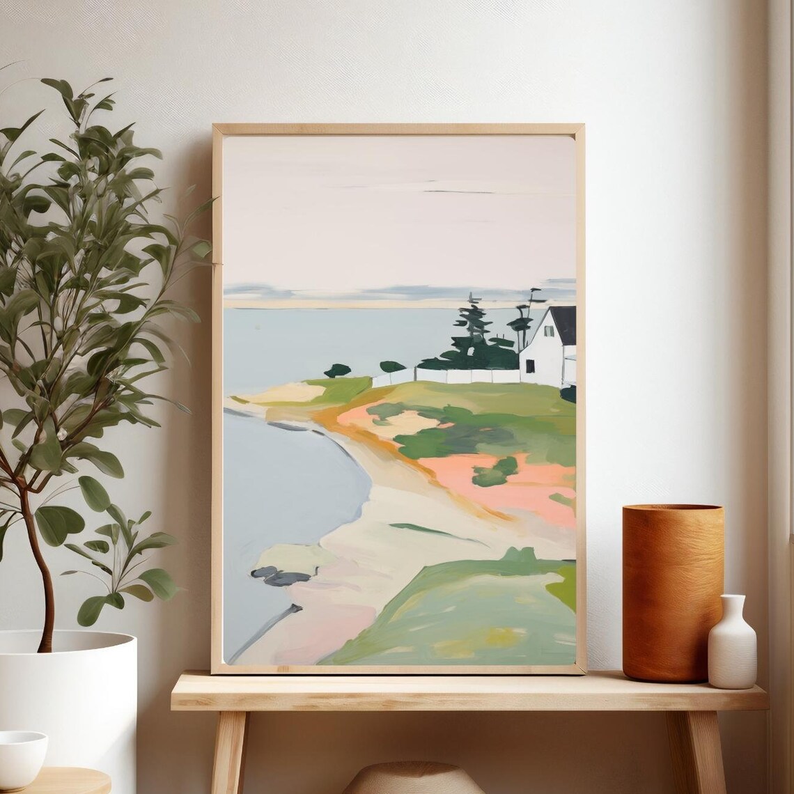 New England Coastal House White Cottage Bluffs Landscape Poster