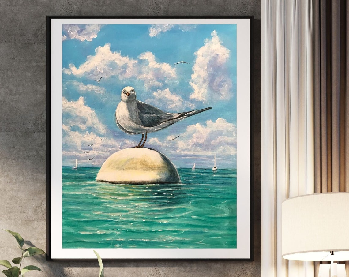 Seagull Perched On Buoy Turquoise Ocean Sky Sailboat Coastal Poster - Image 4