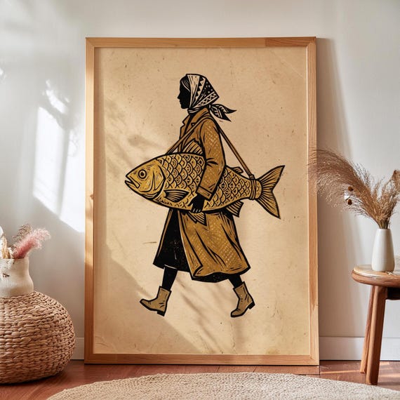 Folk Art Fish Print Vintage Coastal Wall Eclectic Cottage Decor Digital Download