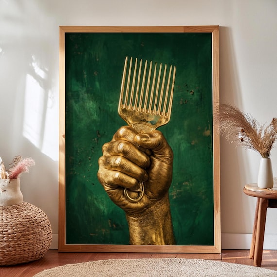 African American Black Power Wall Art Gold Afro Pick Melanin Afrocentric Digital Download
