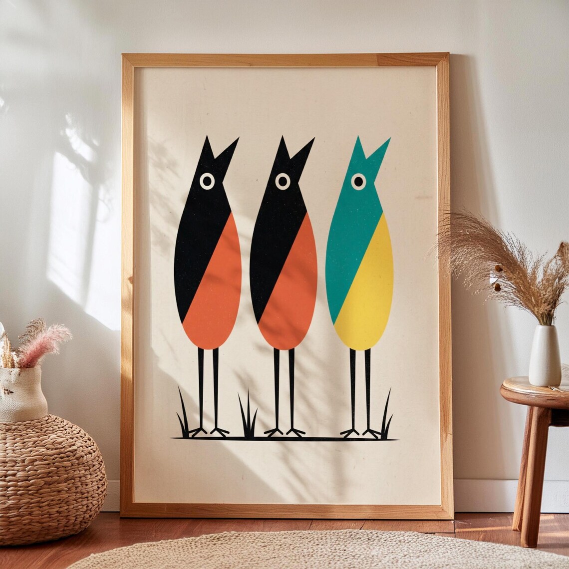 Mid Century Tall Birds Wall Art Retro Folk Print Scandinavian Decor Digital Download