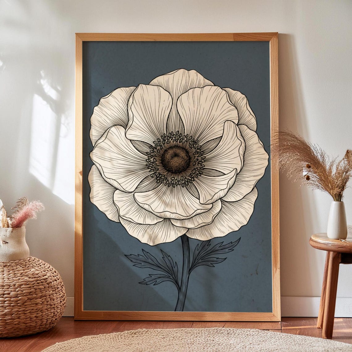 Cream Flower Minimalist Line Art Botanical Slate Blue Wall Art