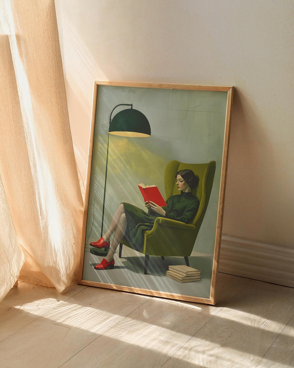 Woman Reading Red Book In Green Armchair Vintage Mid Century Reading Poster