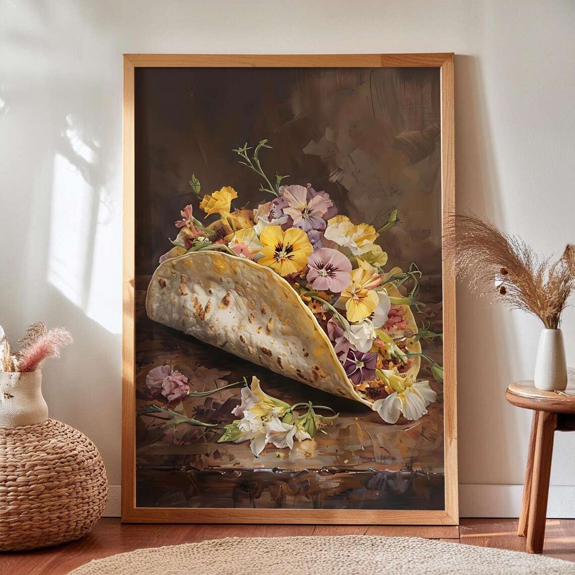 Flower Taco Print, Moody Floral Kitchen Art Print
