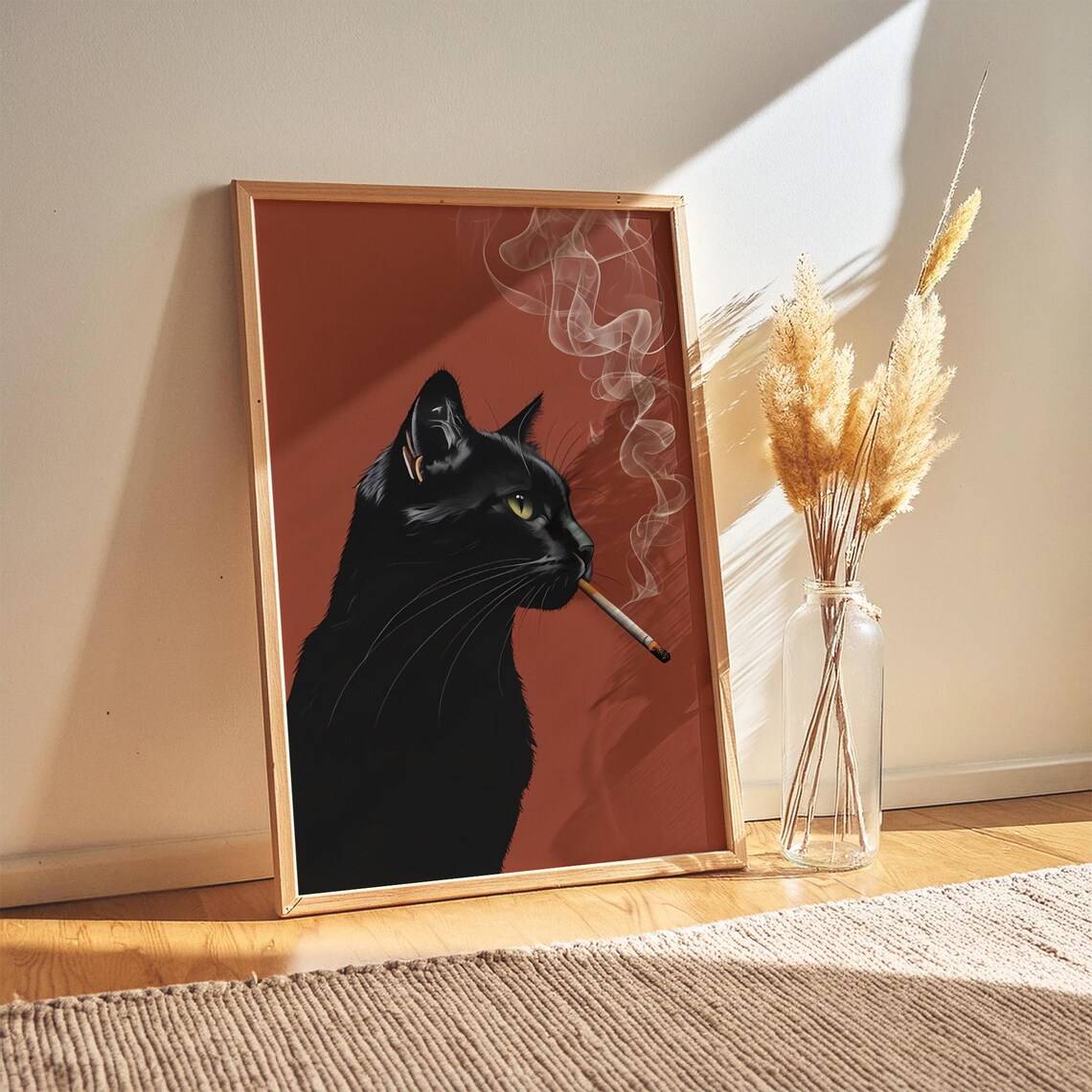 Vintage Black Cat Smoking Art Print Retro Whimsical Decor Digital Download