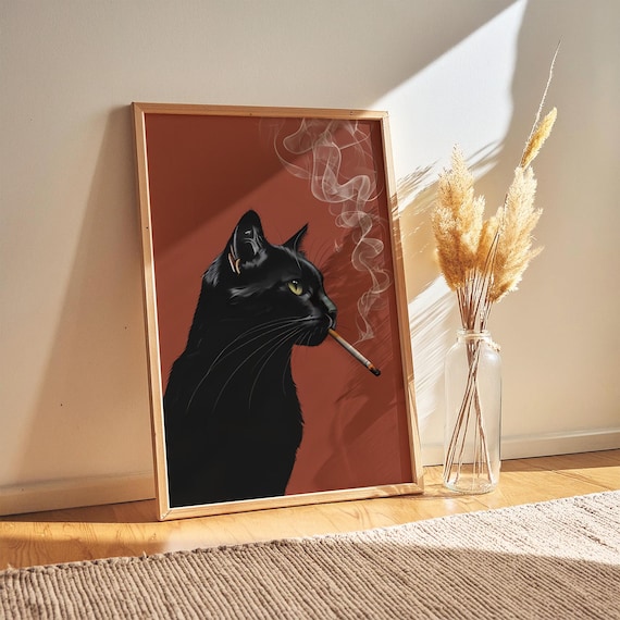 Vintage Black Cat Smoking Art Print Retro Whimsical Decor Digital Download