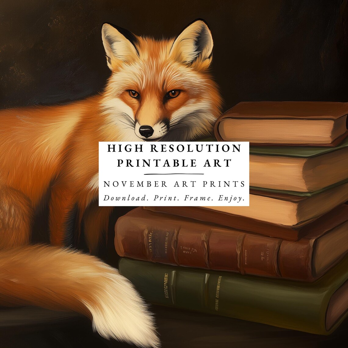 Red Fox Resting Beside Stack of Old Books Dark Academia Poster - Image 5