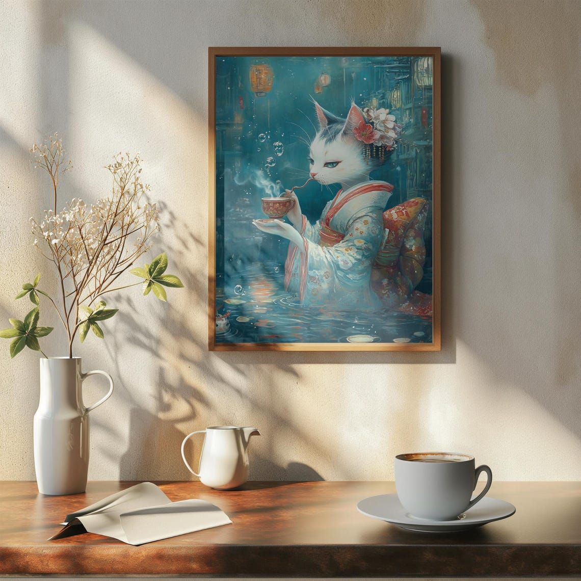 Elegant White Cat In Kimono Drinking Tea In Underwater Scene Poster - Image 7