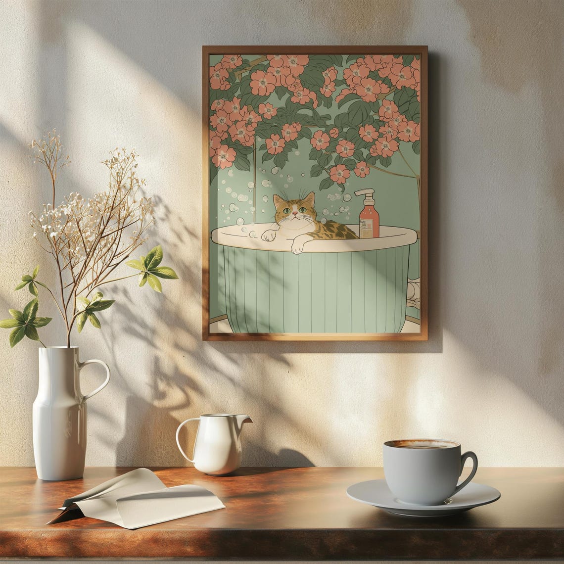 Tabby Cat Soaking In Mint Bubble Tub Under Cherry Blossom Poster - Image 7