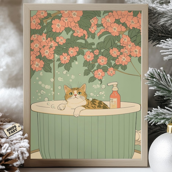 Tabby Cat Soaking In Mint Bubble Tub Under Cherry Blossom Poster