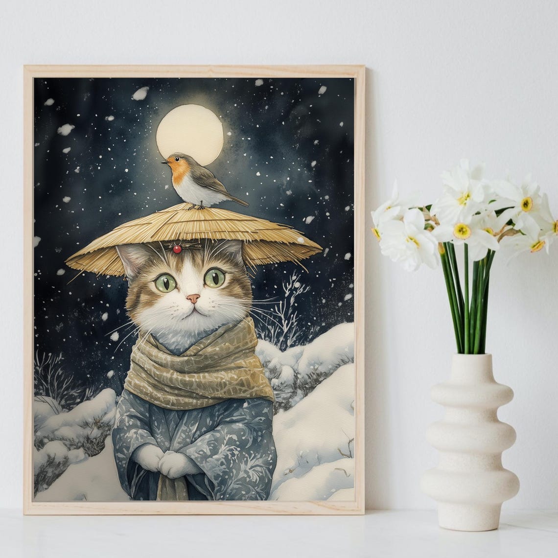 Tabby Cat In Straw Hat With A Robin Perched On A Snowy Night Poster - Image 8