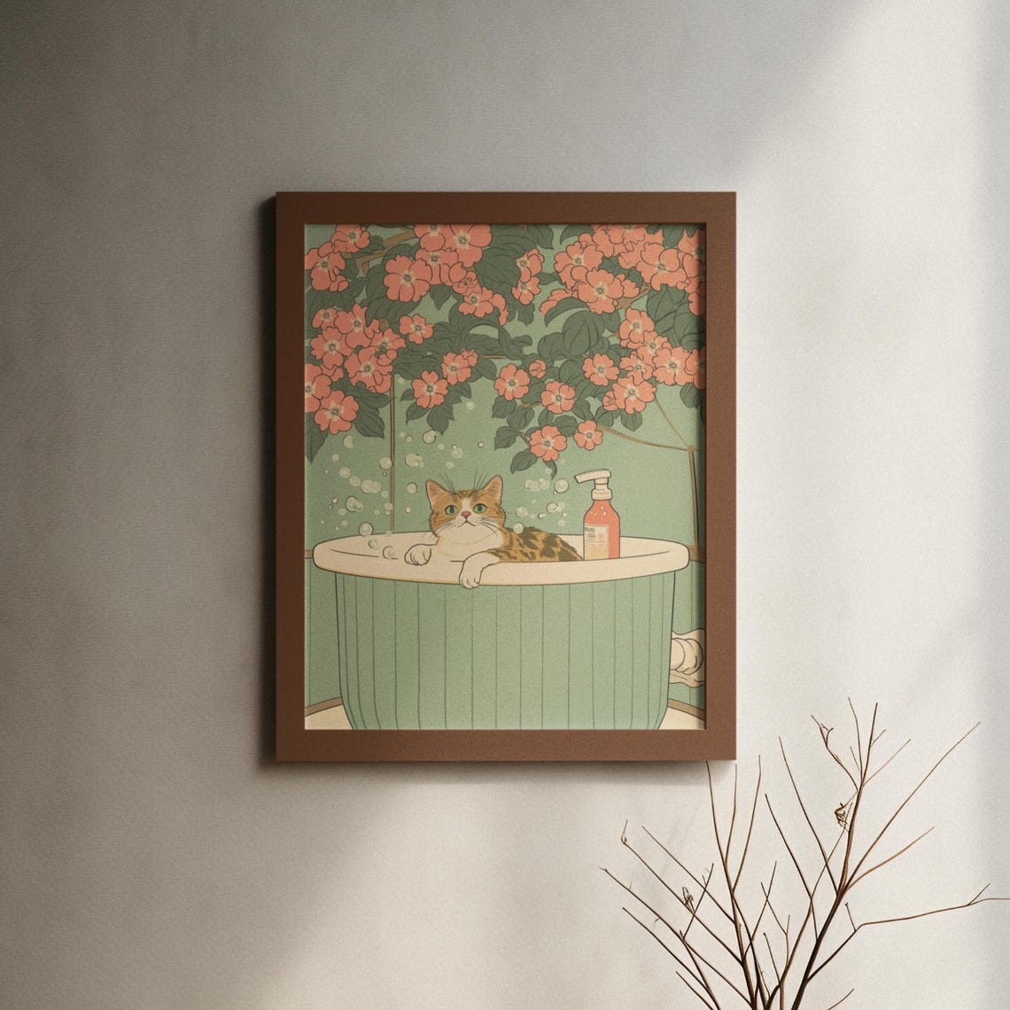 Tabby Cat Soaking In Mint Bubble Tub Under Cherry Blossom Poster - Image 6