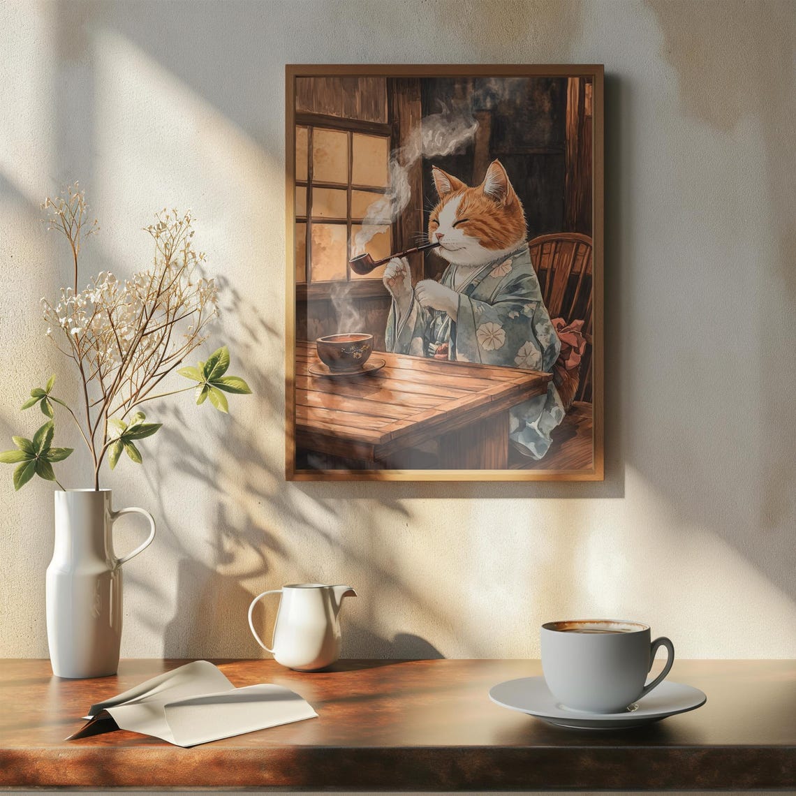 Orange Cat Smoking A Pipe In Floral Kimono At Tearoom Poster - Image 7