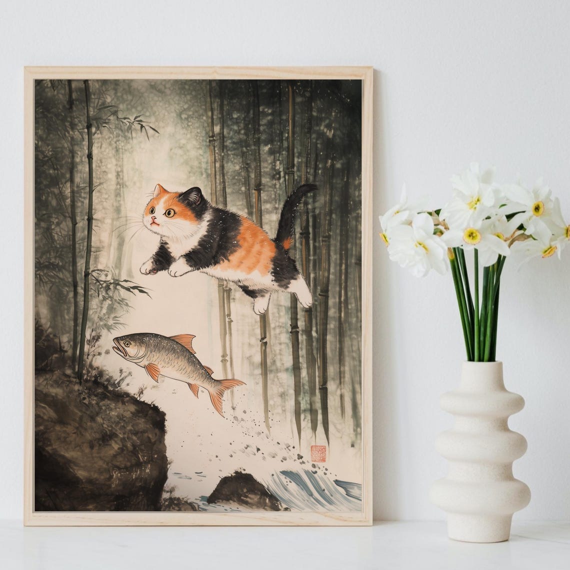 Calico Cat Leaping For A Fish In A Misty Bamboo Forest Ink Poster - Image 8