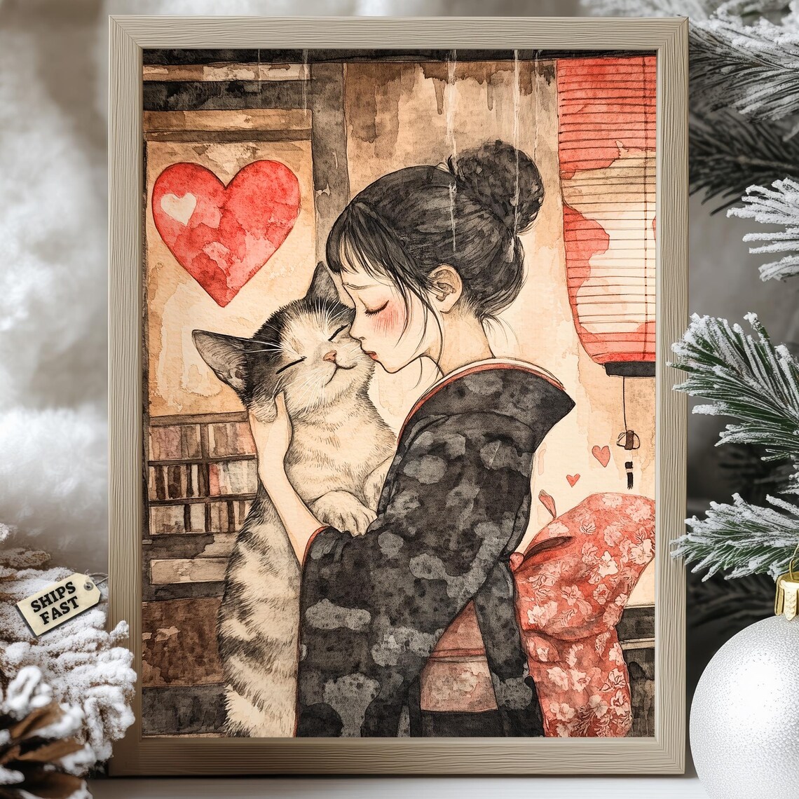 Woman In Kimono Tenderly Kissing A Tabby Cat Red Hearts Poster