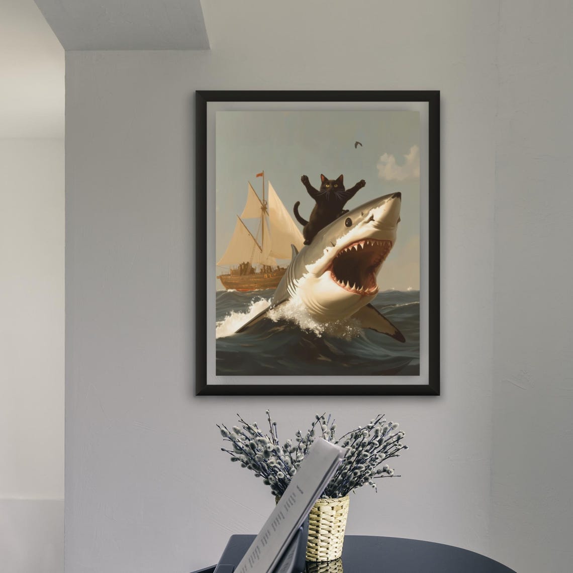 Black Cat Triumphantly Riding A Great White Shark Ocean Poster - Image 4
