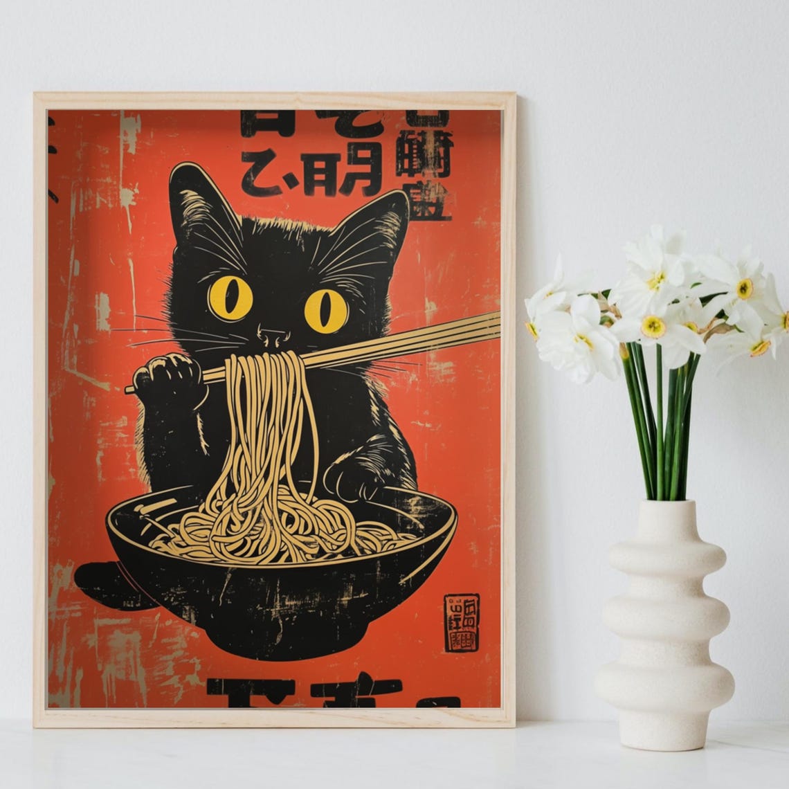 Black Cat Slurping Noodles In Woodblock Style Red Retro Poster - Image 8
