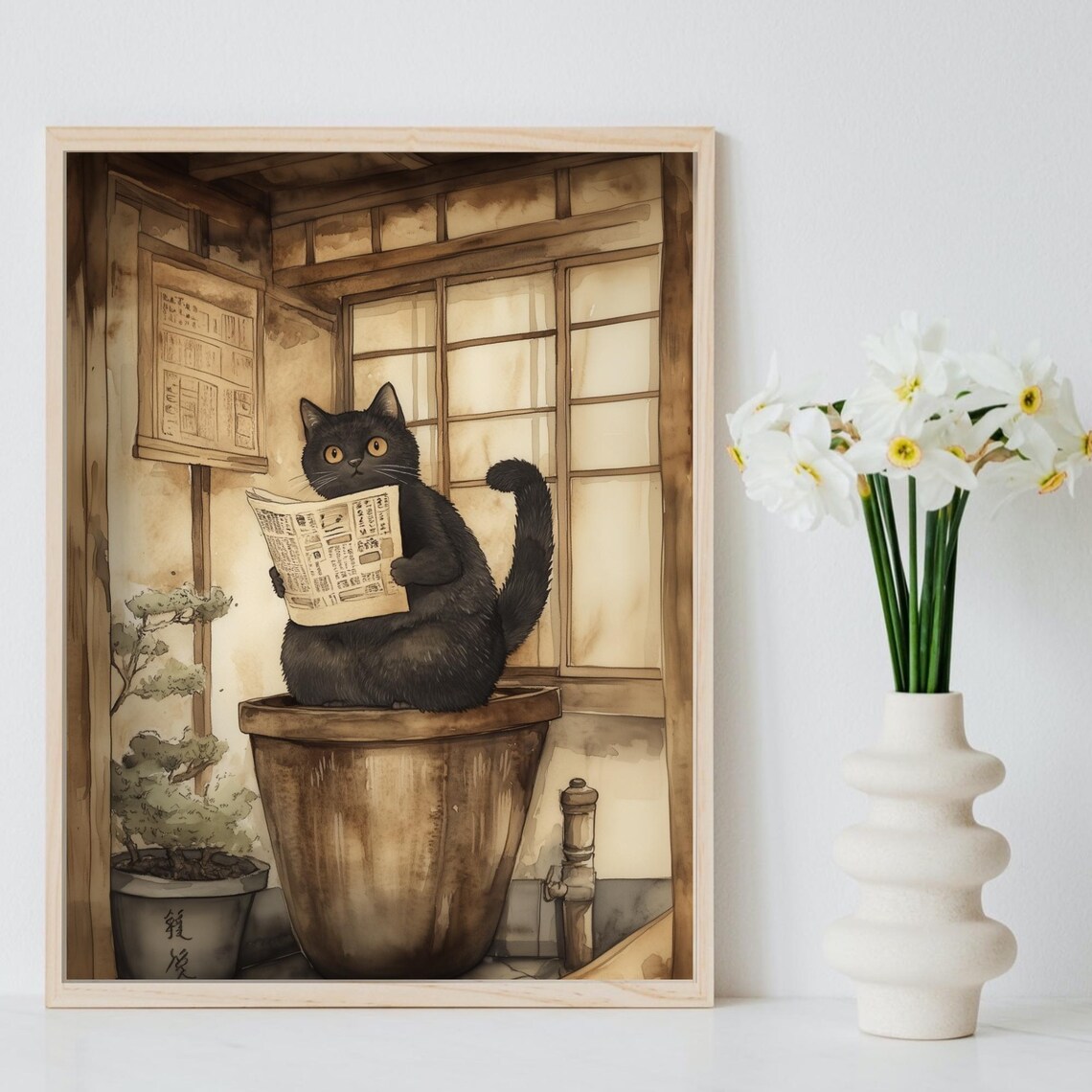 Black Cat Reading Newspaper On Wooden Tub Japanese Bath Poster - Image 8
