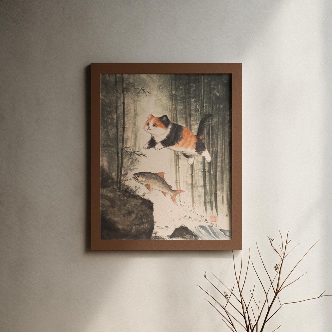 Calico Cat Leaping For A Fish In A Misty Bamboo Forest Ink Poster - Image 6
