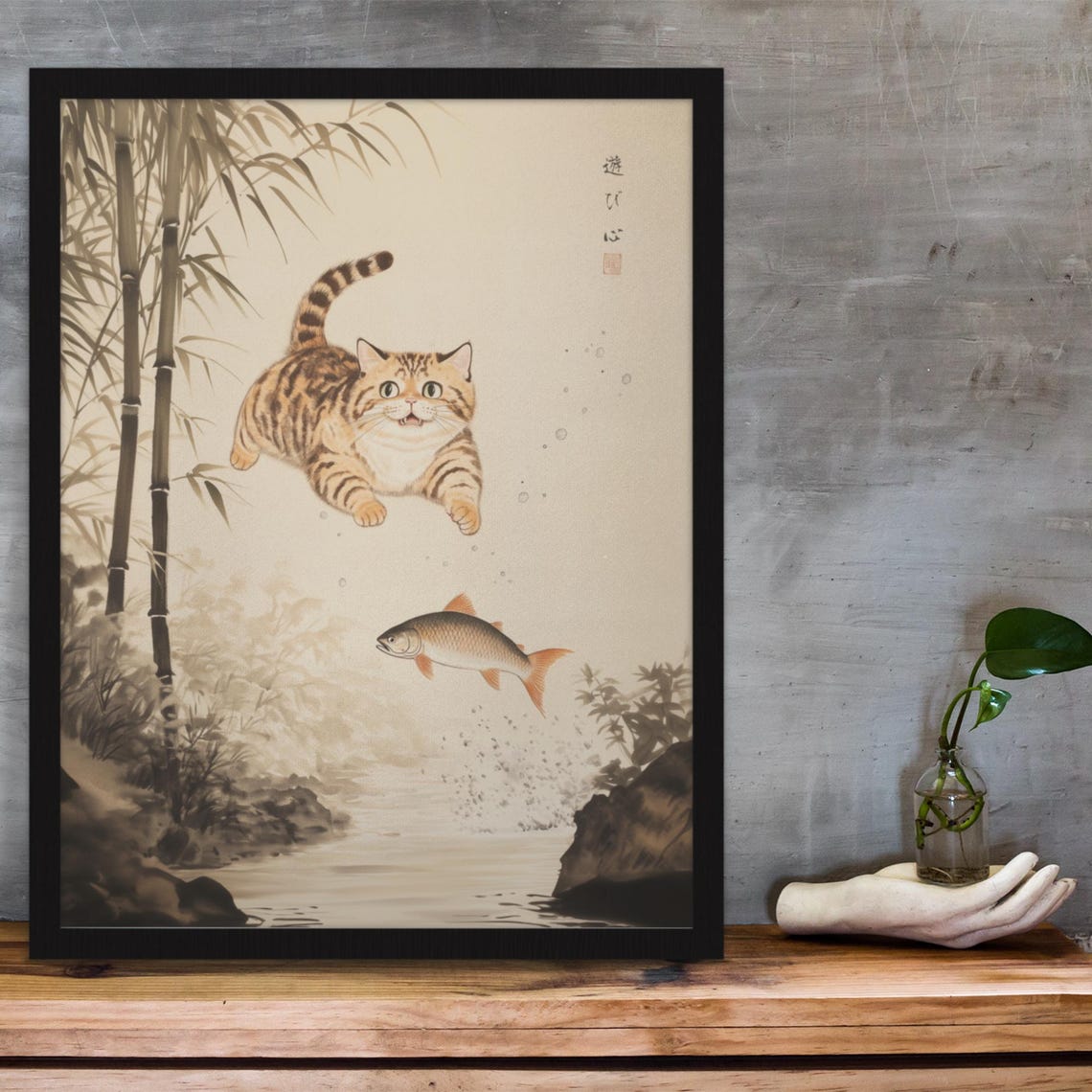 Orange Tabby Cat Diving Down Toward A Fish In Bamboo Grove Poster - Image 3