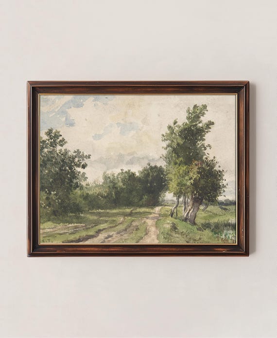 Vintage Landscape Watercolor Art Tree And Meadow Painting Antique Art