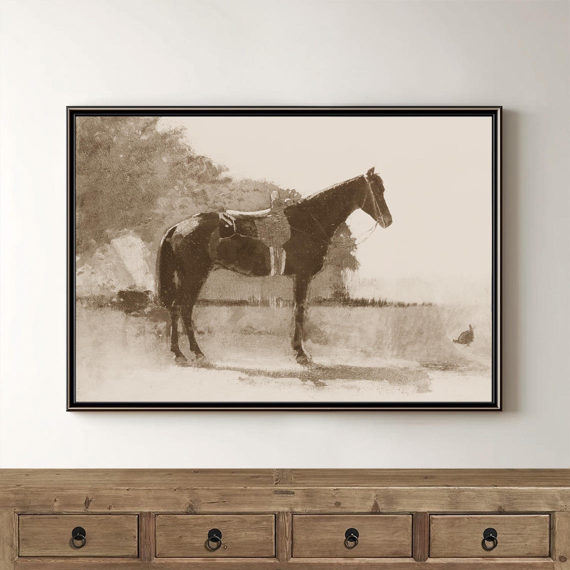 Sepia Horse Portrait Saddled Mare Vintage Equestrian Painting Wall Art - Image 2