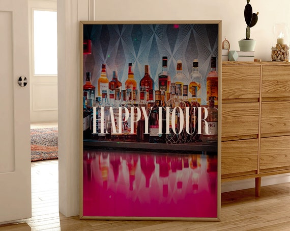 Happy Hour Poster Print Bar Cart Art Pink Kitchen Wall Decor Trendy Decor Retro Poster Alcohol Aesthetic Wall Art Print