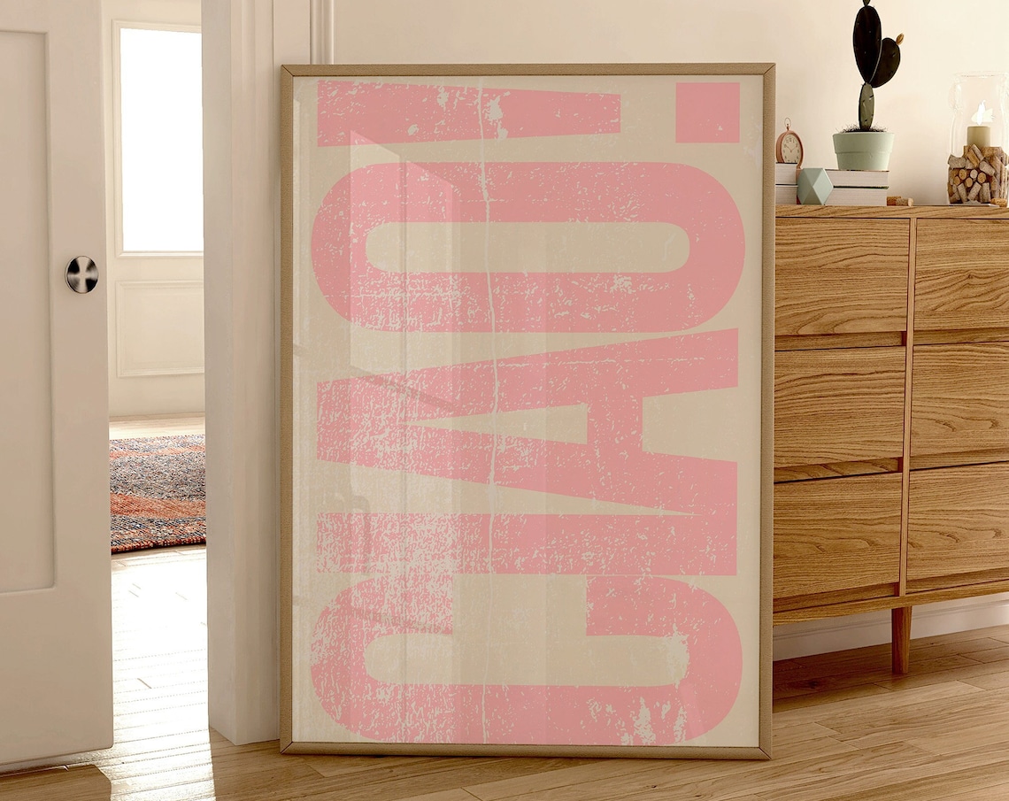 Distressed Pink Ciao Lettering Vintage Italian Quote Typography Poster