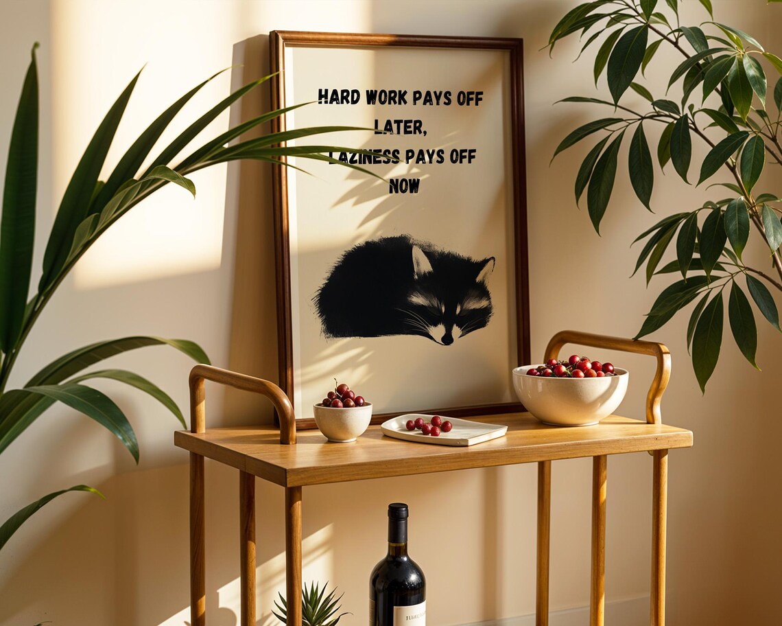 Funny Laziness Quote with a Sleeping Raccoon Wall Art with a Cheeky Nap Lovers Gift - Image 2