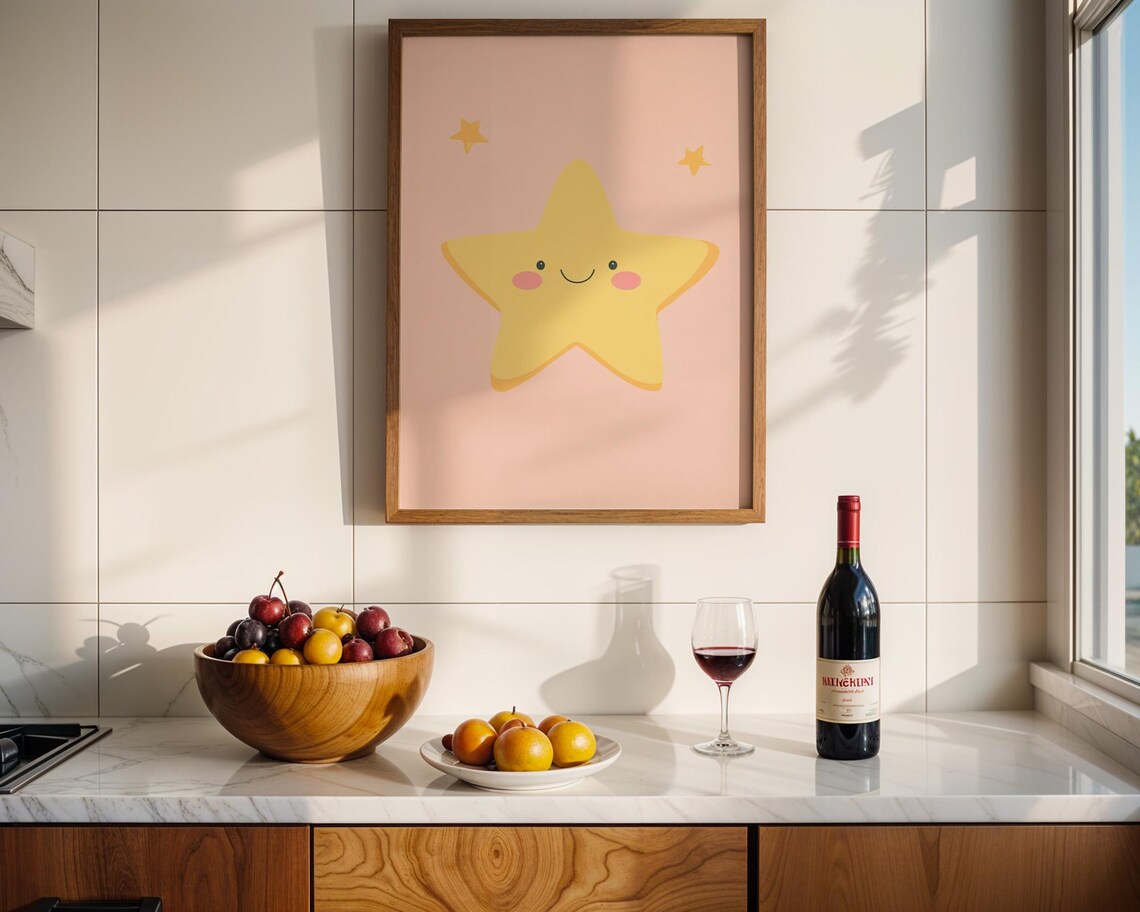 Cute Kawaii Smiling Yellow Star Nursery Kids Room Decor Poster - Image 2