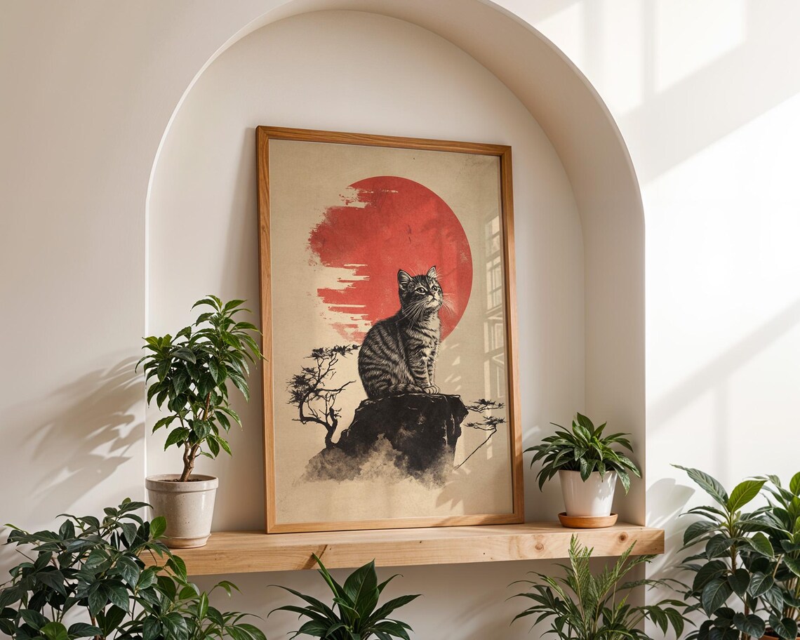Japanese Tabby Cat Red Sun Sumi-e Style Art Poster for Wall Decor - Image 2