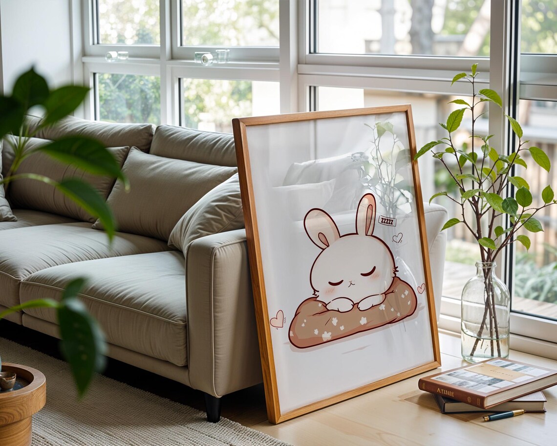Cute Sleeping Bunny on Donut Pillow Kawaii Cartoon Animal Poster - Image 2