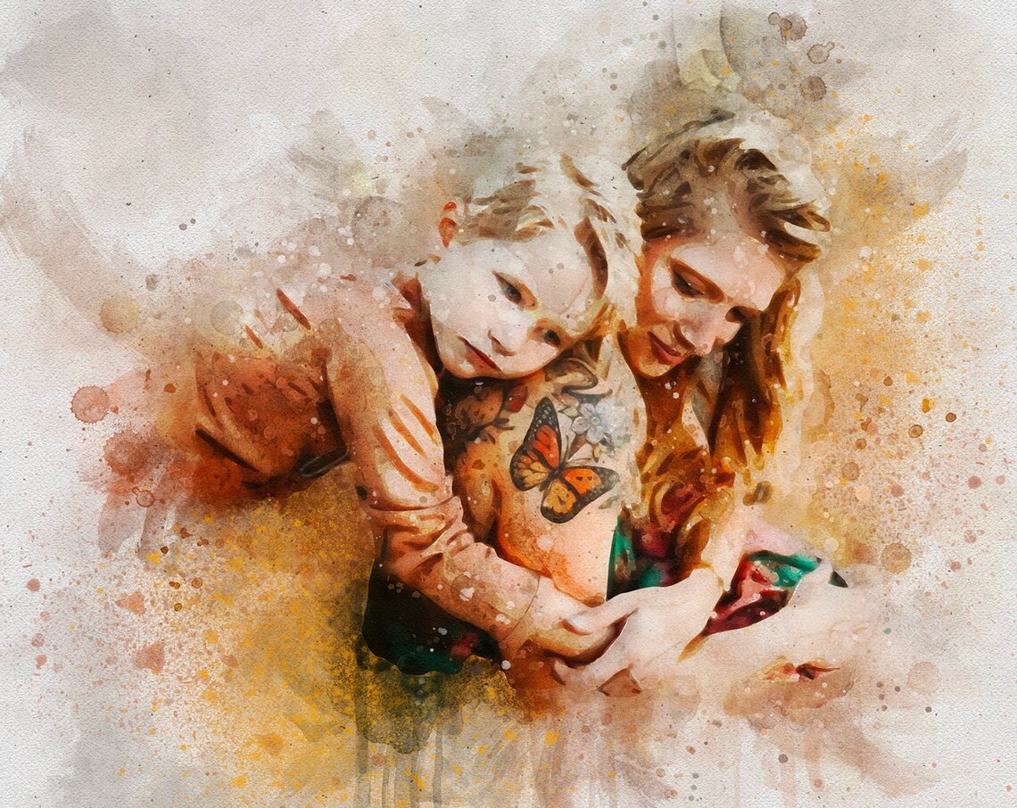 Custom Watercolor Mom And Laughing Toddler Portrait Painting Poster - Image 2