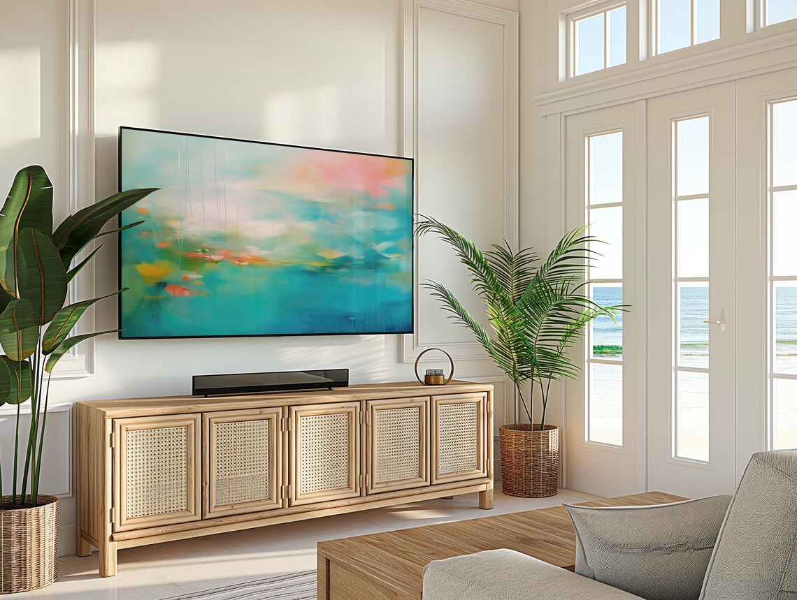 Turquoise Teal Abstract Painting With Coral Pink Accents Art Poster - Image 4