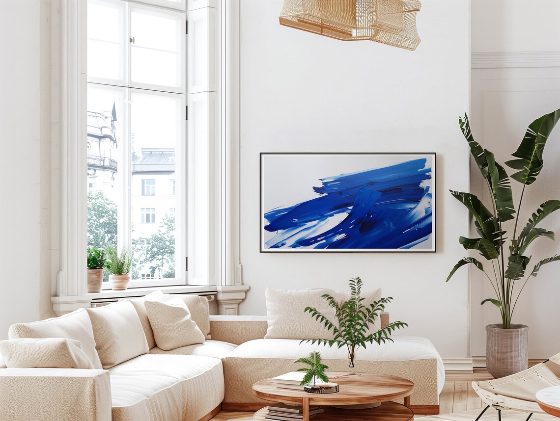 Bold Blue Brushstroke Abstract Painting Minimalist White Wall Poster - Image 5