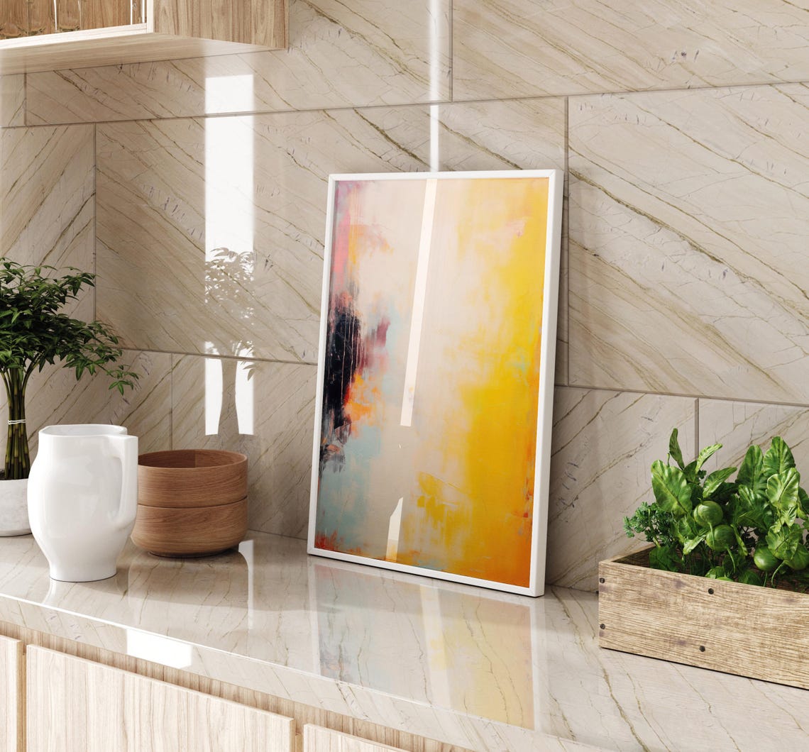 Golden Yellow Abstract Canvas With Navy Edge And Orange Accents Poster - Image 2