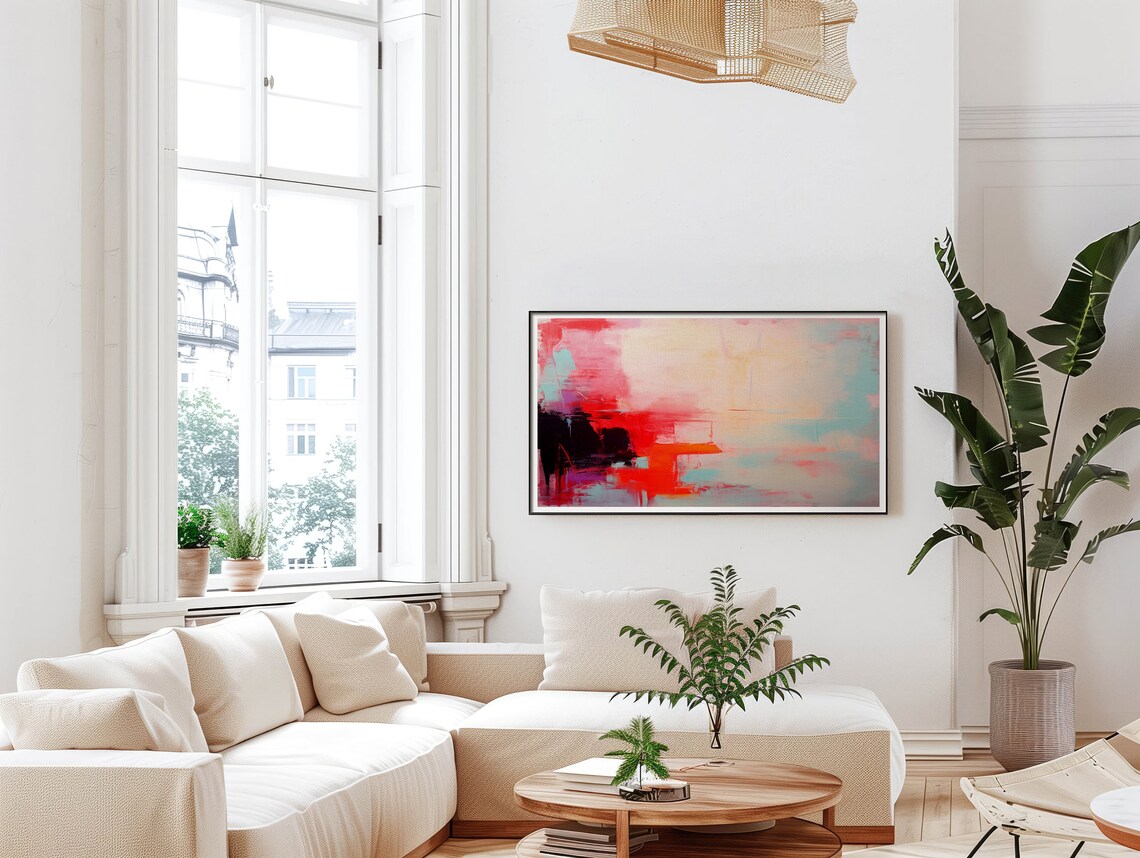 Coral Red Wash Abstract Painting With Soft Pink Horizon Art Poster - Image 3